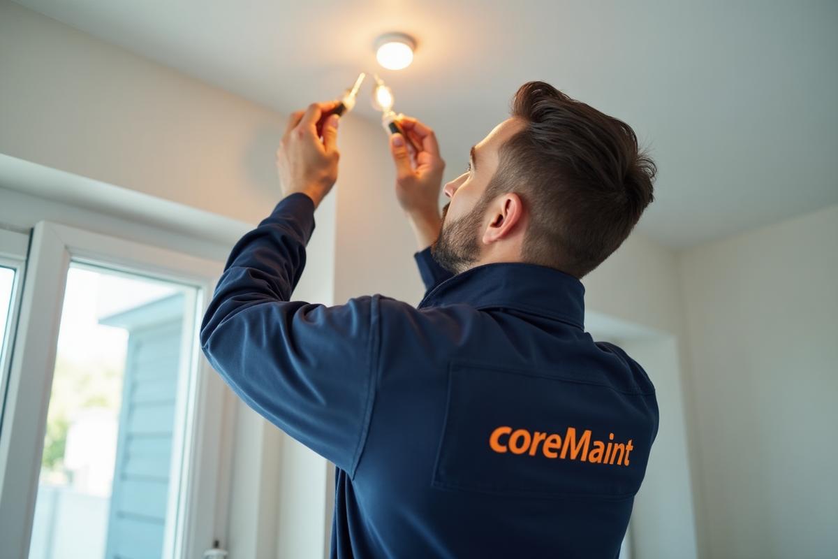 Professional electrician installing light fixtures in Mayfair home by coreMaint