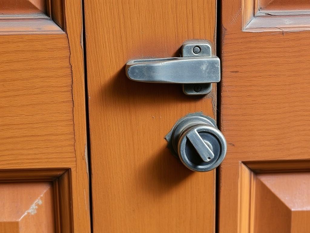 Before: Worn door & lock — repaired and refinished by coreMaint