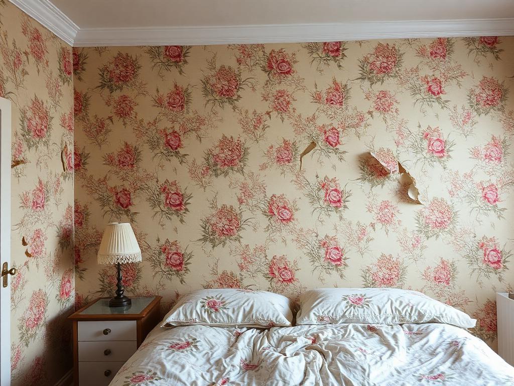Before: Tired floral wallpaper — replaced with a modern finish by coreMaint