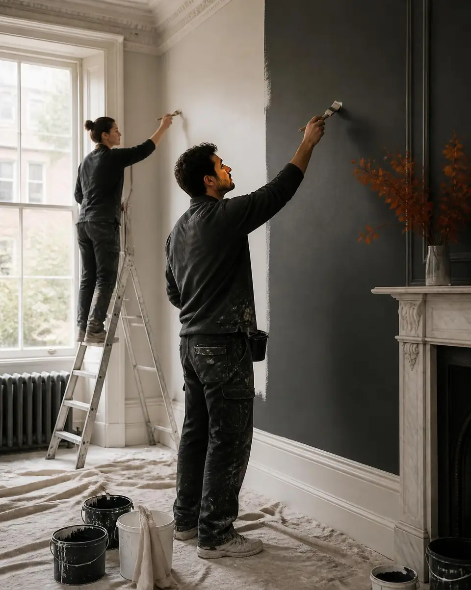 Decorators painting a period townhouse drawing room during a painting and decorating project in prime London by coreMaint
